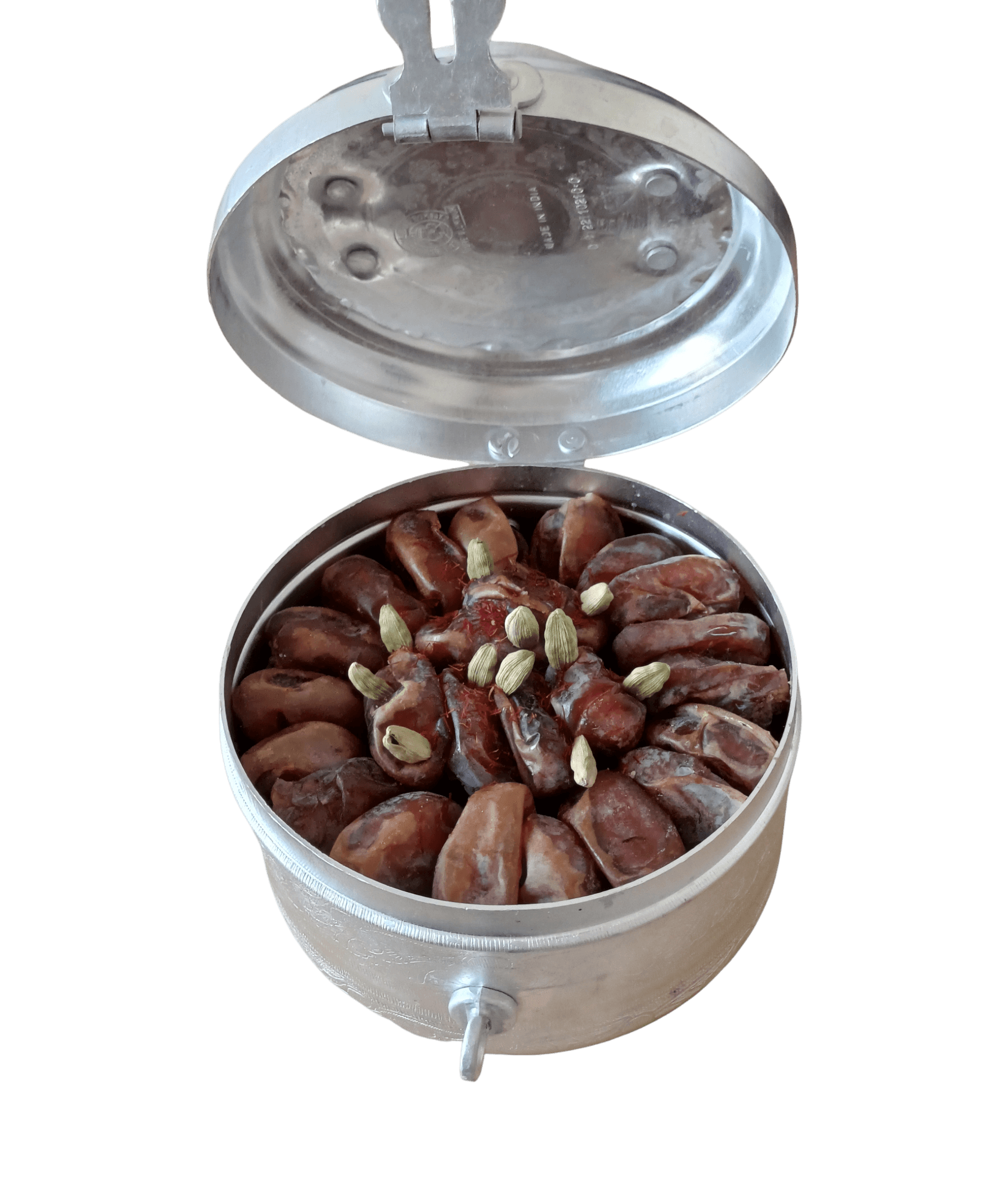 Photoroom-____5_657dc298-b095-4671-bf8d-04f8c3dd4300 تمر بالهيل والزعفران علبة حديد صغير التمر تمر بالهيل والزعفران علبة حديد صغير - علبة فاخرة لهدية مميزة